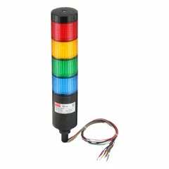 This four-tier tower light assembly provides visual status indication with amber, blue, green, and red light tiers. It operates on 90 to 240V AC and has an overall height of 11 inches. Suitable for industrial automation, machinery, and process control applications to indicate machine states such as running, idle, warning, or fault.