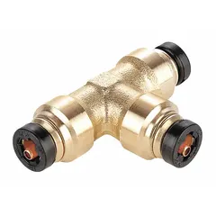 Brass coupling tee fitting with three ports for 5/32 in OD tubing. Designed for push-fit installation without tools. Suitable for pneumatic air brake systems in trucks, trailers, and industrial applications.