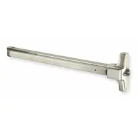 This stainless steel rim exit device features a touchbar style for push-to-open egress. It is ADA compliant and designed for doors up to 36 inches wide. Suitable for commercial applications requiring code-compliant panic exit hardware. Outside trim and ligature resistance are not included