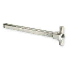 This stainless steel rim exit device features a touchbar style for push-to-open egress. It is ADA compliant and designed for doors up to 36 inches wide. Suitable for commercial applications requiring code-compliant panic exit hardware. Outside trim and ligature resistance are not included.