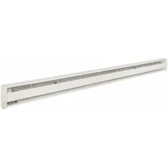 Commercial-grade oil-filled electric baseboard heater with conventional white housing. Selectable wattage output of 1500W or 2000W at 208/240V AC. Thermostat not included. Suitable for supplemental or primary heating in commercial spaces.