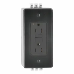 Duplex GFCI receptacle with 5-15R configuration, rated 125V AC and 15 A. Black housing. Suitable for general purpose use in commercial and industrial environments where ground-fault protection is required.