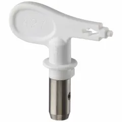 This white line striping tip has a 0.021 in orifice size and is designed for use with TITAN GM 3600 Pro series airless spray guns (model 0537015). It is used for applying paint in straight, uniform lines on surfaces such as parking lots, roads, and warehouse floors.