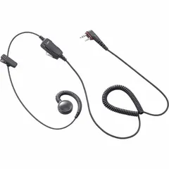 Wired earpiece with ear hook and shirt/lapel microphone for ICOM F200 series two-way radios. Features a 2-pin Slim L type (3.5 mm) connector and single wire. Designed for private listening and hands-free transmission in communication applications.