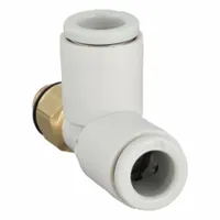This SMC push-fit tee fitting is made of polybutylene and brass, designed for connecting three 6 mm OD tubes in a tee configuration. It has an overall length of 29 13/16 mm and is used in pneumatic or fluid systems for branching or distributing air or fluid