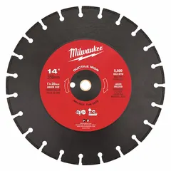This 14-inch diamond blade is designed for cutting concrete and ferrous metals on a table saw. Suitable for both wet and dry cutting applications, it features a 1-inch arbor size. The blade is intended for use in construction, demolition, and masonry tasks requiring precise cuts in hard materials.