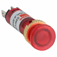 This LED indicator pilot light is designed for flush panel mounting with a 5/16 in mounting hole diameter. It features a 0.11 Male Quick Disconnect electrical connection. Typical applications include signaling equipment status on industrial control panels and machinery.