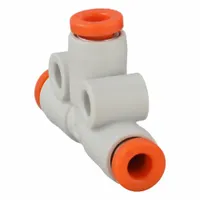 This SMC push-fit tee fitting is made of polybutylene terephthalate in white. It has three 1/8 in OD ports for creating branch connections in pneumatic or fluid-handling systems. The push-to-connect design enables quick assembly in confined spaces