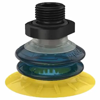 PIAB Vacuum Pad Assembly: G3/8 in, 50 mm Pad Dia, Polyurethane, Blue/Yellow - Multi-Bellows Type Packaging Industry Vacuum Pad Assemblies
