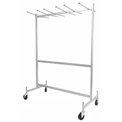 This hanging rack is designed for storing and transporting folding chairs and rectangular tables. It holds up to 36 chairs and features a gray frame with four swivel casters for maneuverability. Dimensions: 63 in L x 31 5/8 in W x 74 in H.