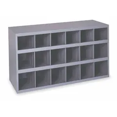 This steel shelving unit features 18 fixed-size compartments with lipped edges for containing small parts, mail, or documents. The gray powder-coated finish provides a durable surface suitable for industrial, warehouse, or office storage. Dimensions: 34 in x 12 in x 18 in.