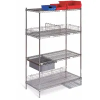 This mobile wire shelving unit is designed for dry storage applications. It features four silver-finished chrome steel shelves with a split-sleeve design for tool-free height adjustment. The unit includes two rigid casters with polyurethane wheels for easy repositioning. Suitable for organizing boxed goods, small parts, or supplies in commercial kitchens, warehouses, and retail backrooms