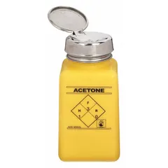 HDPE dispensing bottle pre-filled with acetone, featuring a dropper closure for controlled drop-by-drop application. The 177.4 mL (6 fl oz) capacity and solvent-resistant HDPE construction make it suitable for general-purpose solvent handling in laboratory and industrial settings. Non-sterile, closure included.