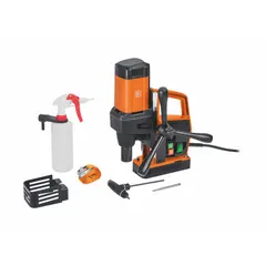 Standard magnetic drill press with 700 RPM fixed speed and electric magnet. Features 3 9/16 in drill travel, Weldon spindle connection, and operates on 120V AC at 11 A. Used for drilling holes in ferrous materials in structural steel, fabrication, and heavy equipment maintenance.