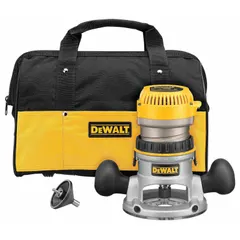This DEWALT mid-size corded router features a fixed base and a 1.75 hp motor with a fixed speed of 24,500 RPM. It accepts 1/4 in and 1/2 in collets and operates on 120V AC. Suitable for edge profiling, dado cutting, and template routing in woodworking applications.