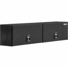 Double flip-up door topside box with T-handle compression lid and keyed lock. Gloss black finish. Designed for secure storage of tools and equipment on truck beds, protecting contents from weather and theft.