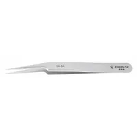 Stainless steel tweezers with a pointed, offset tip and 0.08 mm tip thickness. Smooth finish. Suitable for precision handling in electronics assembly, laboratory work, and fine mechanical applications