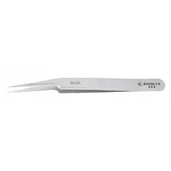 Stainless steel tweezers with a pointed, offset tip and 0.08 mm tip thickness. Smooth finish. Suitable for precision handling in electronics assembly, laboratory work, and fine mechanical applications.