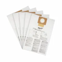 Replacement vacuum bag for Milwaukee 0910-20 wet/dry vacuums. Constructed with 5-ply fleece material for fine dust capture and wet pickup. Standard size bag suitable for general workshop and construction cleanup.