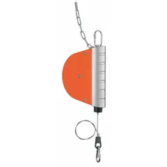 This tool balancer suspends and counterbalances heavy tools in assembly, manufacturing, and maintenance settings. It features a nylon housing, 9.74 ft cable length, and supports tools up to 17.6 lb. The ratchet locking mechanism allows secure height adjustment.