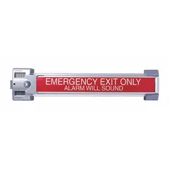 Aluminum rim push bar exit device with touchbar style and push-type outside trim. Suitable for doors up to 48 inches wide. ADA compliant. Finish is US28 satin aluminum.