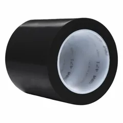 Solid black vinyl tape for creating visual boundaries and aisle markings in industrial environments. Each roll measures 4 inches wide by 108 feet long with a 5.2 mil thickness. Supplied in an 8-pack, this tape has no printed legend and is suitable for marking floors in warehouses, factories, and other facilities.