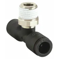 This nylon and nickel-plated brass push-fit tee fitting connects two 3/8 in OD tubes and one 3/8 in male BSPT threaded port. It is used in pneumatic or low-pressure fluid systems to branch or combine flow in a T-configuration. Supplied in a 10-pack for multiple installations