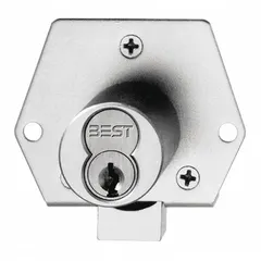 This latchbolt cabinet and drawer lock is designed for SFIC-compatible systems, allowing keying flexibility with interchangeable cores (core not included). It features an inverted diamond shape, a 2 1/8-inch body height, and a 1 7/8-inch body width. Suitable for commercial, institutional, and industrial applications requiring a deadbolt function without a spring latch.