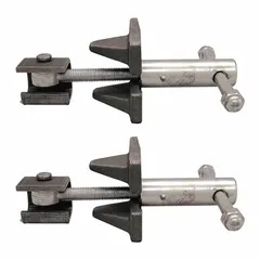 This steel latch assembly in a natural finish prevents unintentional opening of the tailgate. It is a mechanical accessory for securing tailgates on trucks, enhancing safety and load retention during operation.