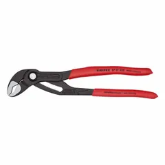 These V-jaw tongue and groove pliers feature a push-button adjustment mechanism with 25 jaw positions and a maximum jaw opening of 2 in. The overall length is 10 in. They are used for gripping and turning nuts, pipes, and fittings in industrial maintenance, plumbing, and HVAC applications.