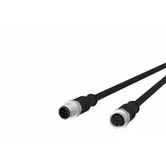 Double-ended cordset with black PUR jacket, M12 male straight to M12 female straight connectors, 5 pins, 1 m cable length, 22 AWG/42 AWG wire, IPX7 rated. Suitable for connecting sensors or actuators in industrial automation environments requiring flexibility and abrasion resistance.