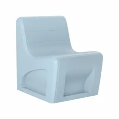 This armless lounge chair features a blue polyethylene seat and a freestanding design. Suitable for commercial waiting areas, lobbies, and break rooms, it is CAL 133 compliant and Green Guard Gold Certified for low chemical emissions.