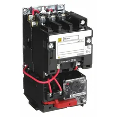 Non-reversing magnetic motor starter for three-phase motors. NEMA Size 1, 27 A, 3 poles, 480V AC coil. Electronic overload protection eliminates need for thermal units. Screw clamp terminals. Suitable for starting and protecting motors in industrial applications such as conveyors, pumps, and compressors.