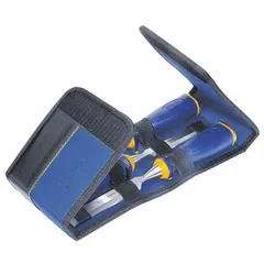 This 3-piece wood chisel set includes 1/2 in, 3/4 in, and 1 in wide blades with overall lengths of 4 1/4 in and 4 1/8 in. The resin handles offer a secure grip for woodworking tasks such as carving, shaping, and trimming wood.