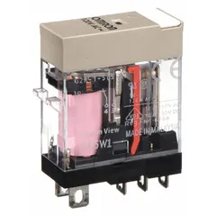 Plug-in relay from the G2RS Series with a square base, flat pins, and quick-connect terminals. Rated 10 A at 120V AC with SPDT contact configuration and 5 terminals. Used for switching loads in industrial control panels, HVAC systems, and automation equipment.
