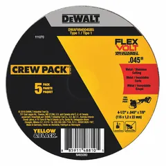 Type 1 cut-off wheels designed for cutting carbon and stainless steel. Ceramic construction with 24 grit reduces heat buildup during use. Each wheel measures 4-1/2" diameter, 0.045" thickness, with a 7/8" arbor hole. Sold in a 5-pack.