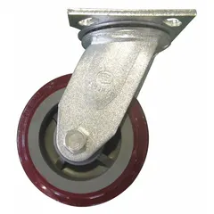 This swivel caster is an accessory for drum trucks, providing 360-degree rotation for maneuverability. Constructed with plastic, polyester, and steel components in gray and red, it measures 6 1/2 inches in height and 4 inches in width. Suitable for industrial and warehouse environments where tight turns and precise positioning are required.
