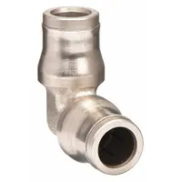 Nickel-plated brass push-to-connect elbow fitting for 8 mm OD tubing. Connects two tubes of equal diameter in pneumatic and fluid control systems. Provides a secure, leak-free joint without tools