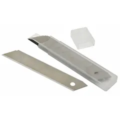 Steel snap-off blades with straight edge and standard tip, designed for utility knives. Each blade measures 18 mm wide and 0.02 in thick. The snap-off feature allows breaking off dull sections to expose a fresh cutting edge. Suitable for cutting cardboard, drywall, plastic, and tape in industrial, warehouse, and construction applications. Pack of 10.