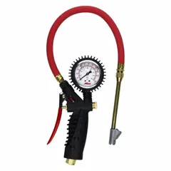 Dial-type single-tire inflator gauge with dual-head design. Constructed from brass and EPDM rubber. Features a 1/4 in -18 thread size for standard tire inflation tasks in automotive and fleet maintenance.