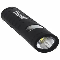 Compact flashlight with dual-light mode providing flood and spot illumination. 90-lumen output, 50-meter beam, 3-hour runtime on max brightness. Includes 2 AAA batteries. Suitable for close-range tasks in industrial, maintenance, and security applications.