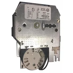 Replacement timer for Whirlpool washing machines and dryers. Controls the progression of wash and dry cycles, including fill, wash, rinse, and spin stages. Used in laundry equipment maintenance.