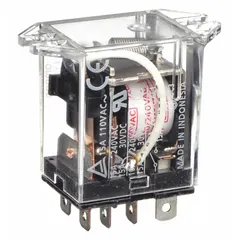 OMRON LY Series top flange mount relay with octal base and plug-in terminal connection. Rated 15 A at 220/240V AC, SPDT contacts, operating current 7 A at 24V DC for inductive loads. Suitable for switching motors, solenoids, and lighting in control panels and automation systems.