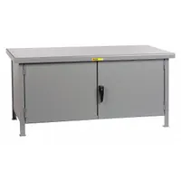 This LITTLE GIANT single-compartment cabinet bench is fully assembled and features a gray steel construction. With overall dimensions of 60 inches by 30 inches and a load capacity of 3,600 lb, it provides a sturdy work surface for assembly, maintenance, and storage tasks in industrial environments