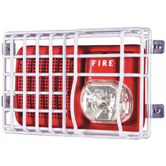 Steel alarm guard for indoor wall-mount use, designed to protect compatible System Sensor units against vandalism and accidental damage. Flush-mount style with white finish. Includes mounting hardware. Overall depth 6 1/8 in.