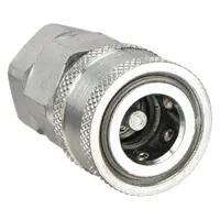 Steel hydraulic quick-connect coupling body with 3/8"-18 thread size and nitrile seal. Maximum flow rate of 18.93 lpm. Used in hydraulic systems for tool-free connection and disconnection of fluid lines in industrial machinery, mobile equipment, and hydraulic power units