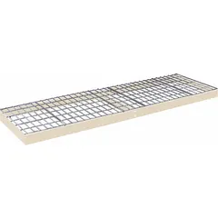 Single straight wire decking shelf kit for boltless shelving systems. Steel frame and 4 ga steel decking with powder-coated tan finish. Includes center support. Load capacity 910 lb. Suitable for organizing and supporting heavy loads in warehouses and industrial storage areas.