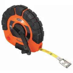 Manual closed-reel long tape measure with a 50 ft SAE blade featuring 1/8 in graduations. Single-sided stainless steel blade with a nonmagnetic single hook end for hook-end measurement. Steel construction suitable for measuring distances in construction, surveying, and industrial layout tasks.