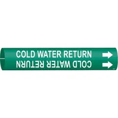 This snap-on pipe marker identifies cold water return lines in piping systems. Features a green background with white legend and directional arrows. Fits pipe outer diameters from 2-1/2 to 3-7/8 inches. Supplied as a single marker.
