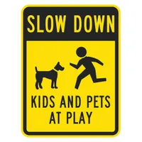 This 24 in x 18 in nominal size sign is made from 0.08 in thick aluminum with diamond-grade retroreflective sheeting. It is used for outdoor safety signage to alert drivers of potential child activity in residential areas, school zones, and parks